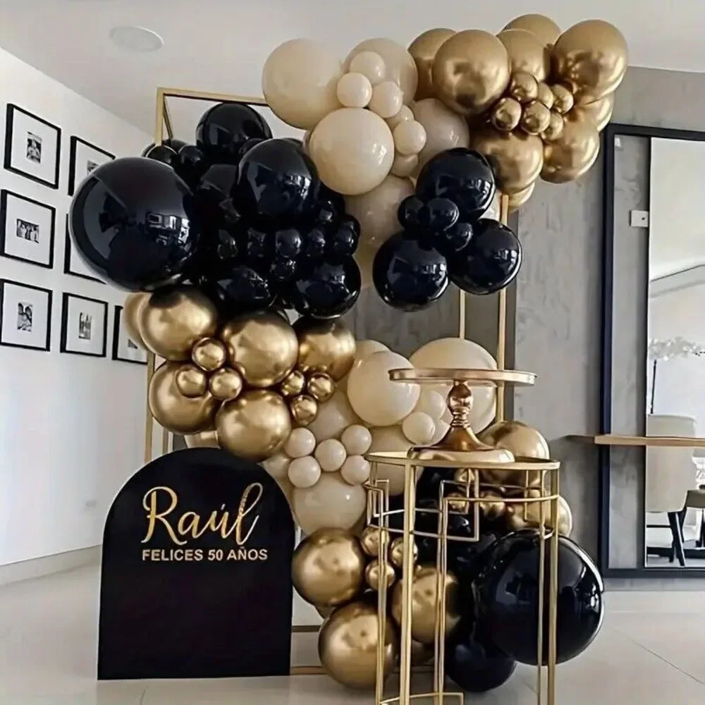 75 Piece Balloon Kit Set Arch Garland Backdrop Black Gold Sand Beige Party Decor